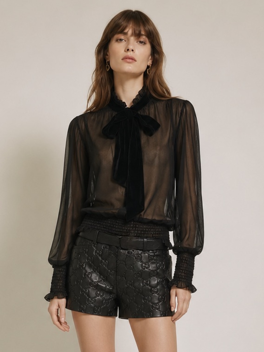 MISA Los Angeles Sheer Black Ruffle Bow Blouse Size L Gothic Romantic Top